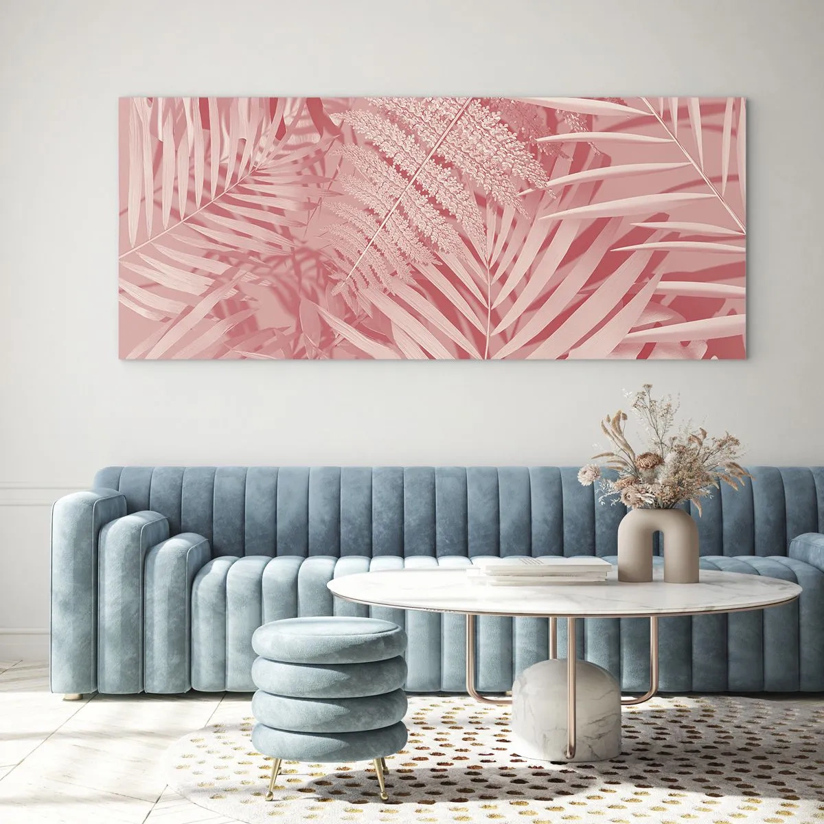 Glasbild - Bild auf glas - Rosa tropische Blätter in einem zarten und minimalistischen Stil - 160x50cm - Rosa Konzept - Moderne Wanddekoration für Wohnzimmer und Schlafzimmer ARTTOR