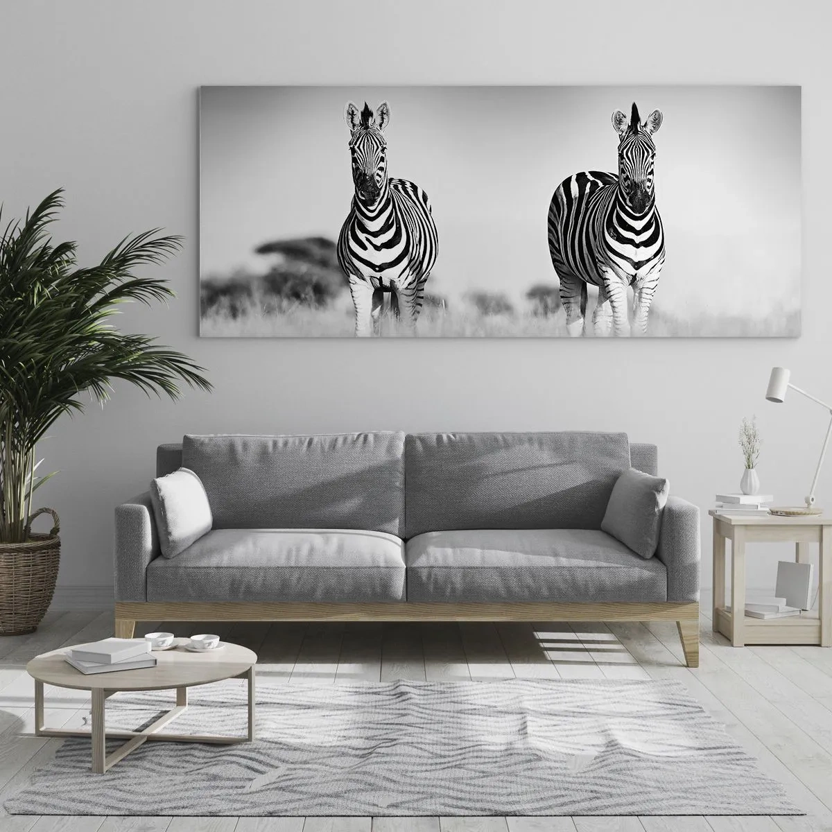 Glasbild - Bild auf glas - Zwei Zebras in der Savanne im monochromen Stil - 160x50cm - Die Welt ist doch schwarz-weiß - Moderne Wanddekoration für Wohnzimmer und Schlafzimmer ARTTOR