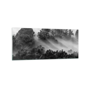 Glasbild - Bild auf glas - Schwarz-weiße Waldlandschaft im Morgennebel - 120x50cm - Aufstehend aus dem Schlaf - Moderne Wanddekoration für Wohnzimmer und Schlafzimmer ARTTOR