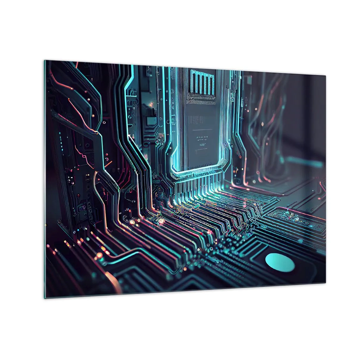 Glasbild - Bild auf glas - Neon-Visualisierung von Prozessorspuren auf schwarzem Hintergrund - 70x50cm - Ich denke nur… - Moderne Wanddekoration für Wohnzimmer und Schlafzimmer ARTTOR