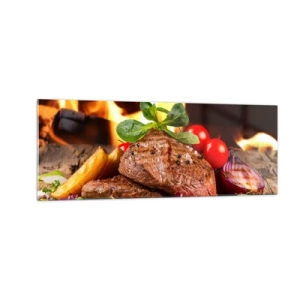 Glasbild - Bild auf glas - Gegrilltes Steak mit Beilagen vor dem Hintergrund der Flammen - 140x50cm - Von Hitze gezaubert - Moderne Wanddekoration für Wohnzimmer und Schlafzimmer ARTTOR