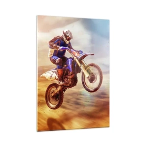 Glasbild - Bild auf glas - Ein Motorradfahrer fliegt über sandiges Gelände - 50x70cm - Motorradschwindel - Moderne Wanddekoration für Wohnzimmer und Schlafzimmer ARTTOR