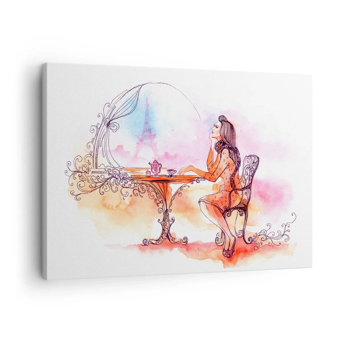 Bild auf Leinwand - Leinwandbild - Romantisches Aquarell einer Frau in einem Café mit Blick auf einen Turm - 70x50cm - Pariser Chic - Moderne Wanddekoration für Wohnzimmer und Schlafzimmer ARTTOR