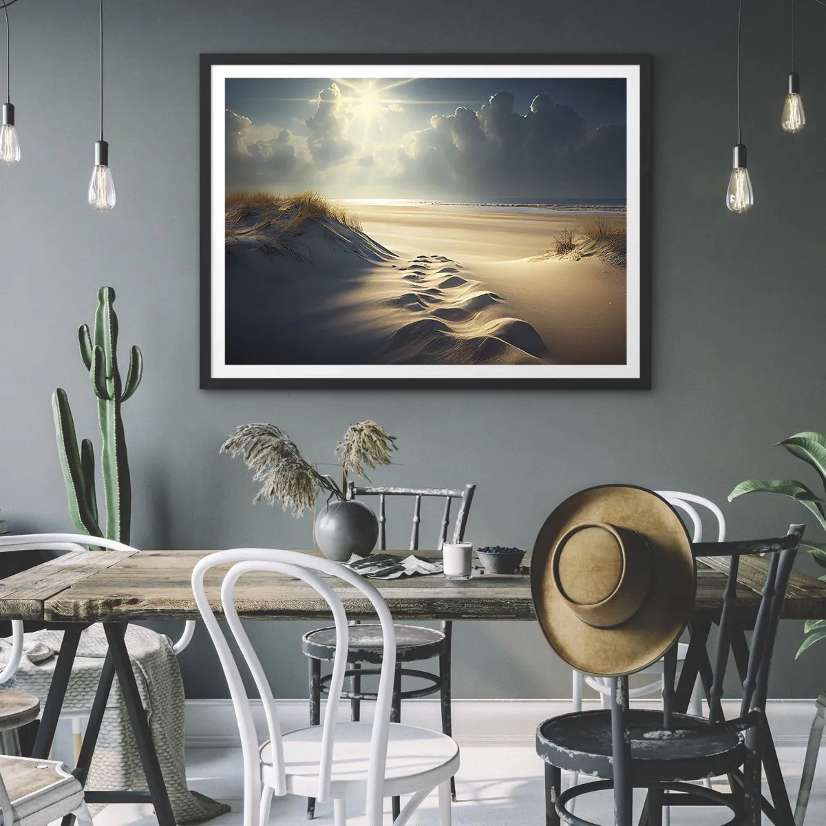 Poster in einem schwarzem Rahmen - Goldene Dünen am Strand bei Sonnenuntergang mit Blick auf das Meer - 70x50cm - Beruhigende Landschaft - Moderne Wanddekoration für Wohnzimmer und Schlafzimmer ARTTOR