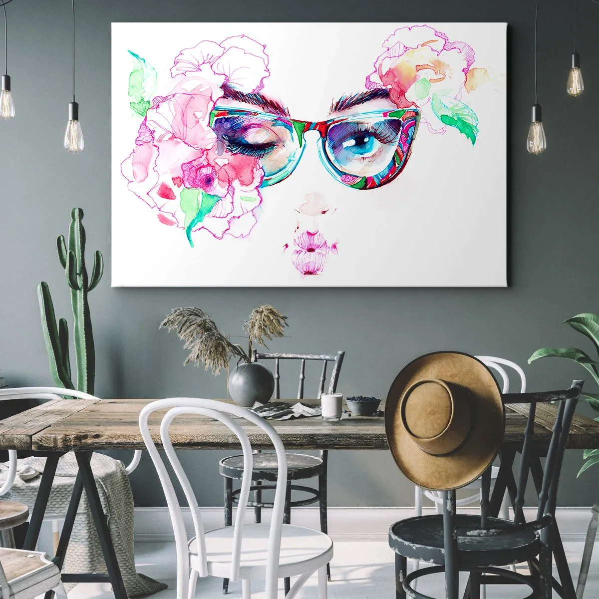 Bild auf Leinwand - Leinwandbild - Aquarellgesicht mit bunten Gläsern und Blumen - 100x70cm - Ein verlockendes Versprechen - Moderne Wanddekoration für Wohnzimmer und Schlafzimmer ARTTOR