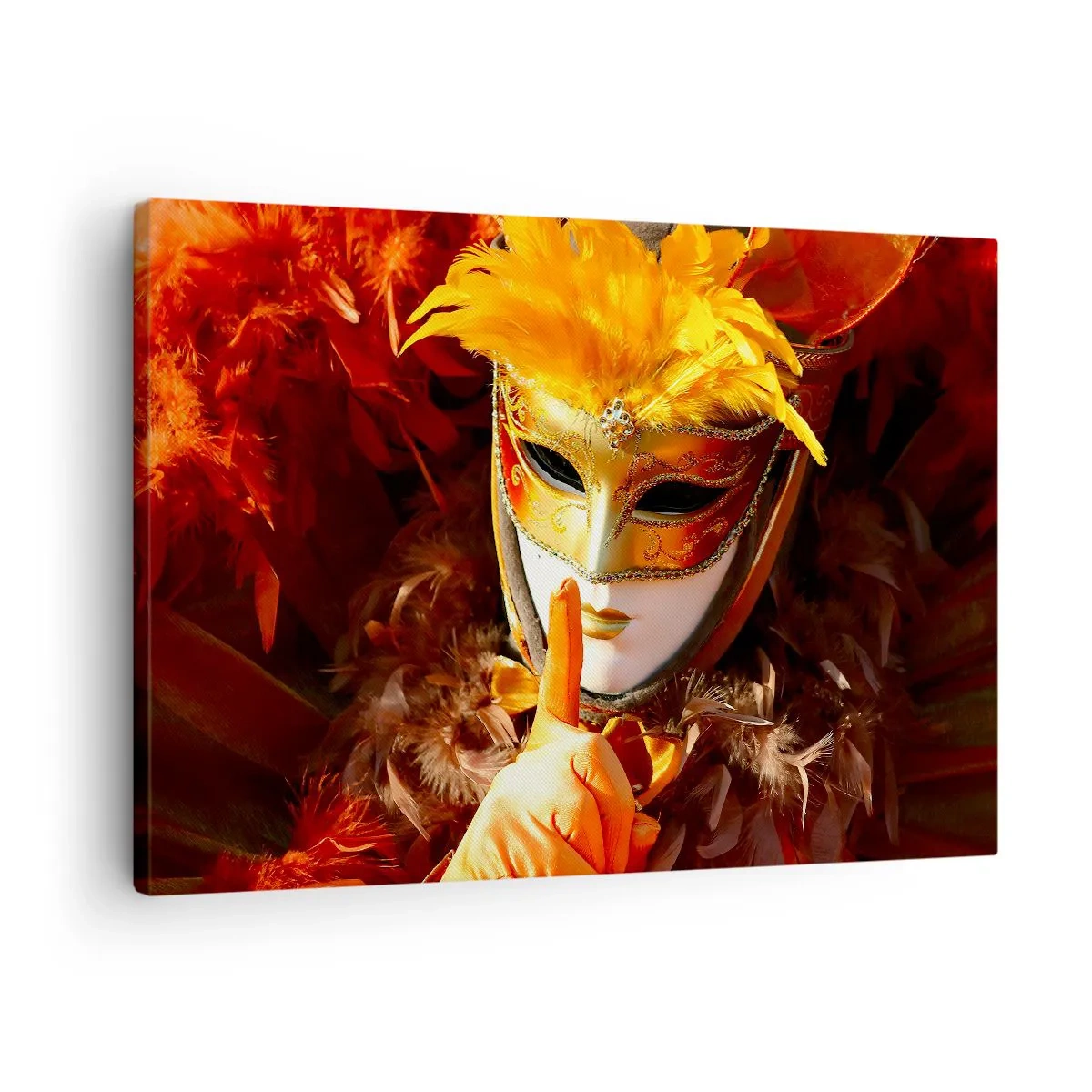 Bild auf Leinwand - Leinwandbild - Karnevalsmaske in Gold- und Orangetönen - 70x50cm - Geheimnis ist Teil des Spiels - Moderne Wanddekoration für Wohnzimmer und Schlafzimmer ARTTOR