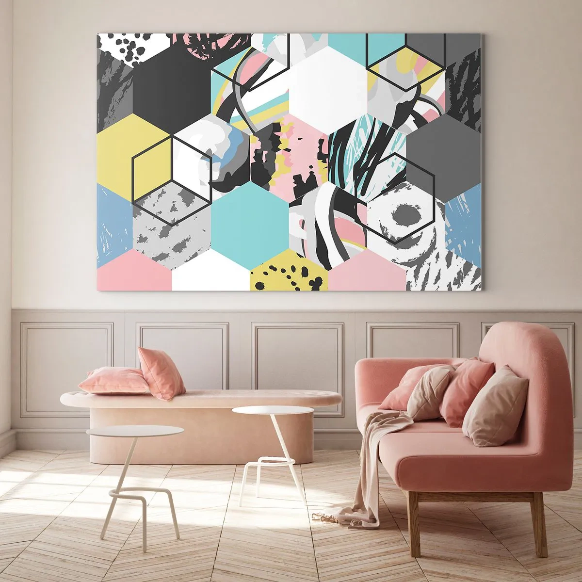 Glasbild - Bild auf glas - Bunte Würfel und Sechsecke in moderner Komposition - 100x70cm - Sechsecke und Würfel in sechs Farben - Moderne Wanddekoration für Wohnzimmer und Schlafzimmer ARTTOR