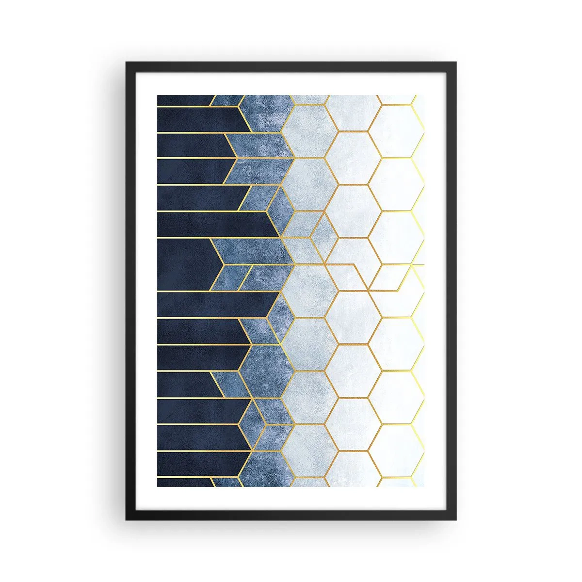 Poster in einem schwarzem Rahmen - Geometrische Komposition in Marineblau- und Goldtönen mit Sechsecken - 50x70cm - Komposition im synkopischen Rhythmus - Moderne Wanddekoration für Wohnzimmer und Schlafzimmer ARTTOR