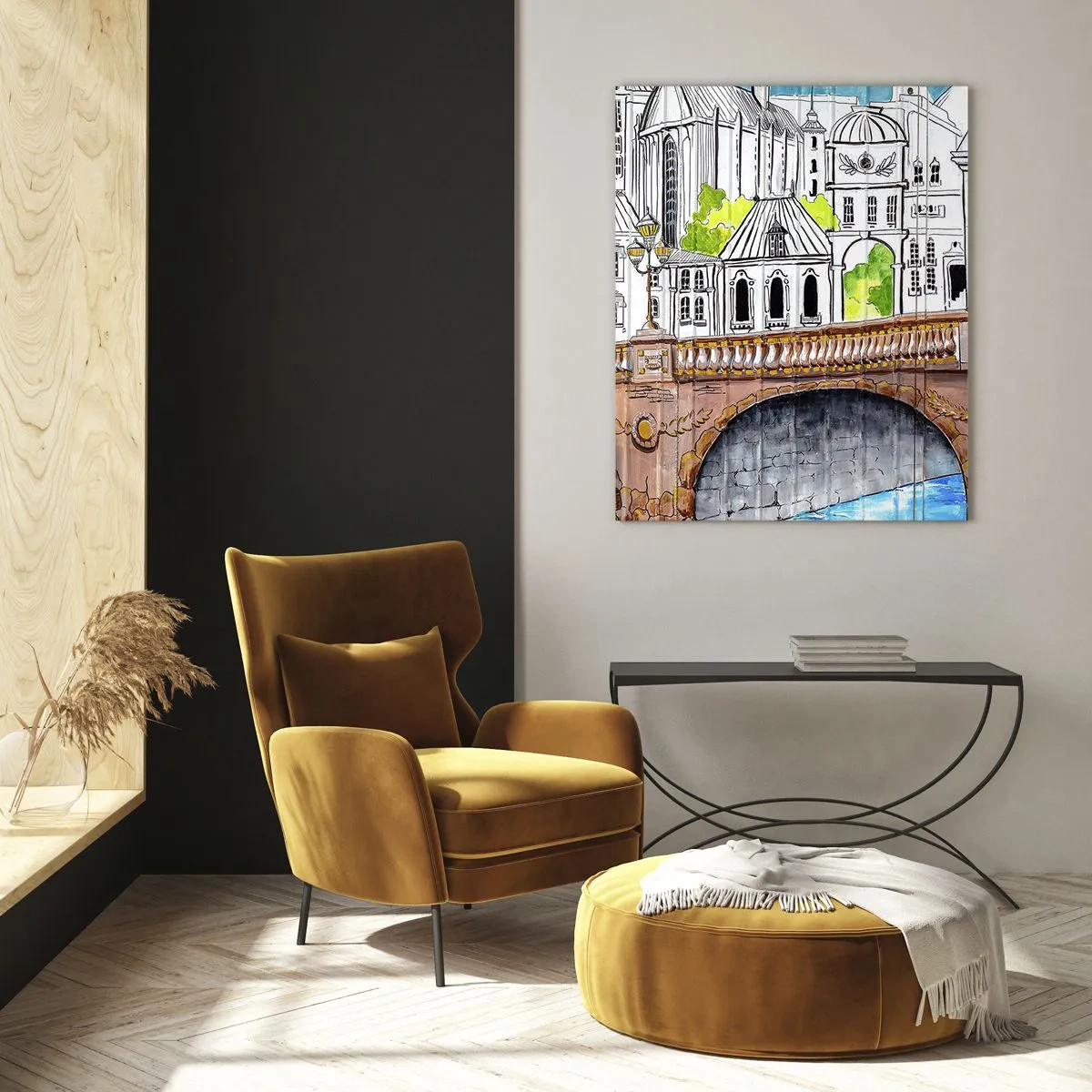Glasbild - Bild auf glas - Zeichnung der Brücke und historische Stadtarchitektur - 70x100cm - Die Stadt ist gemalt - Moderne Wanddekoration für Wohnzimmer und Schlafzimmer ARTTOR