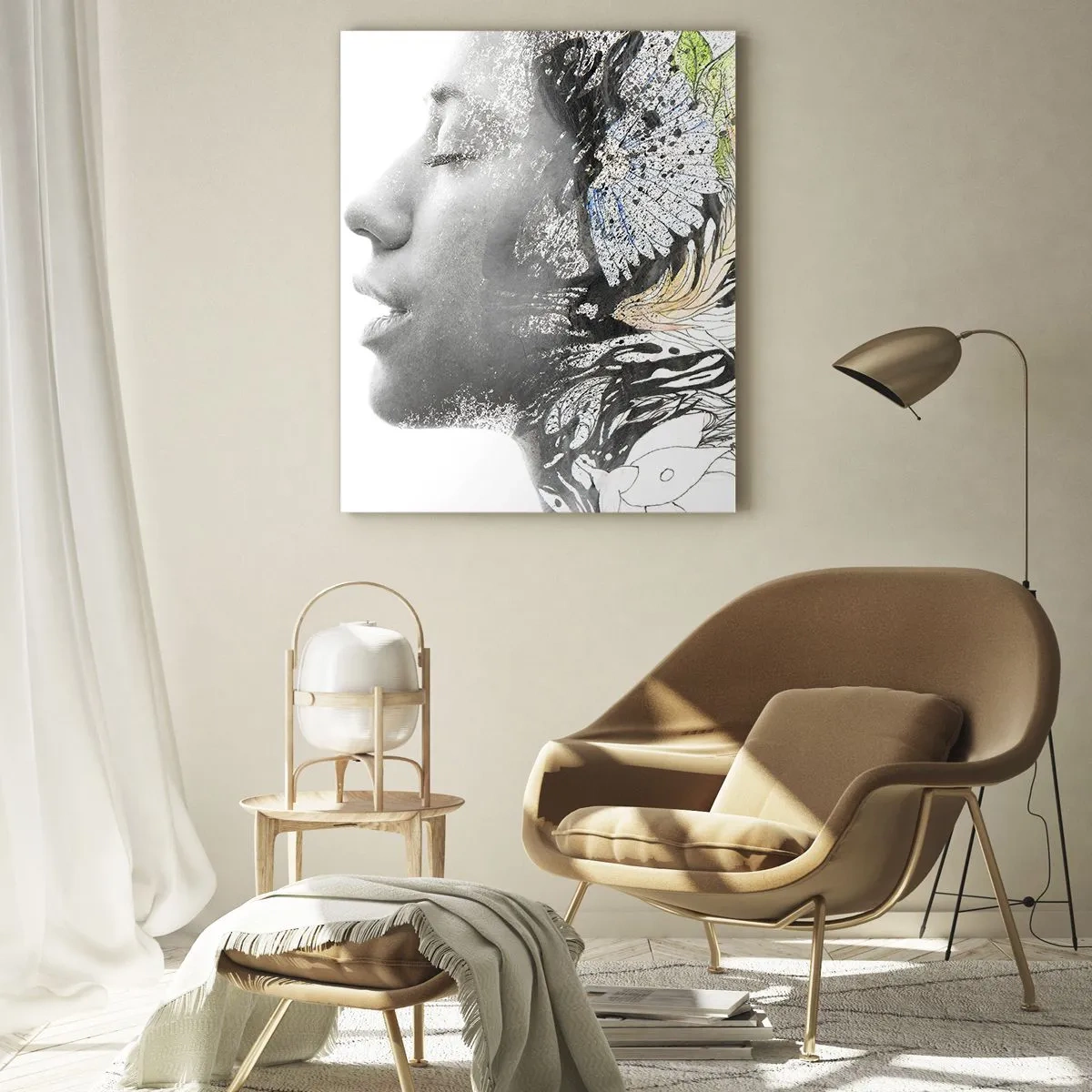 Glasbild - Bild auf glas - Profil einer Frau in einer künstlerischen Collage aus Natur und Schwärze - 70x100cm - Eingebettet in der Natur - Moderne Wanddekoration für Wohnzimmer und Schlafzimmer ARTTOR