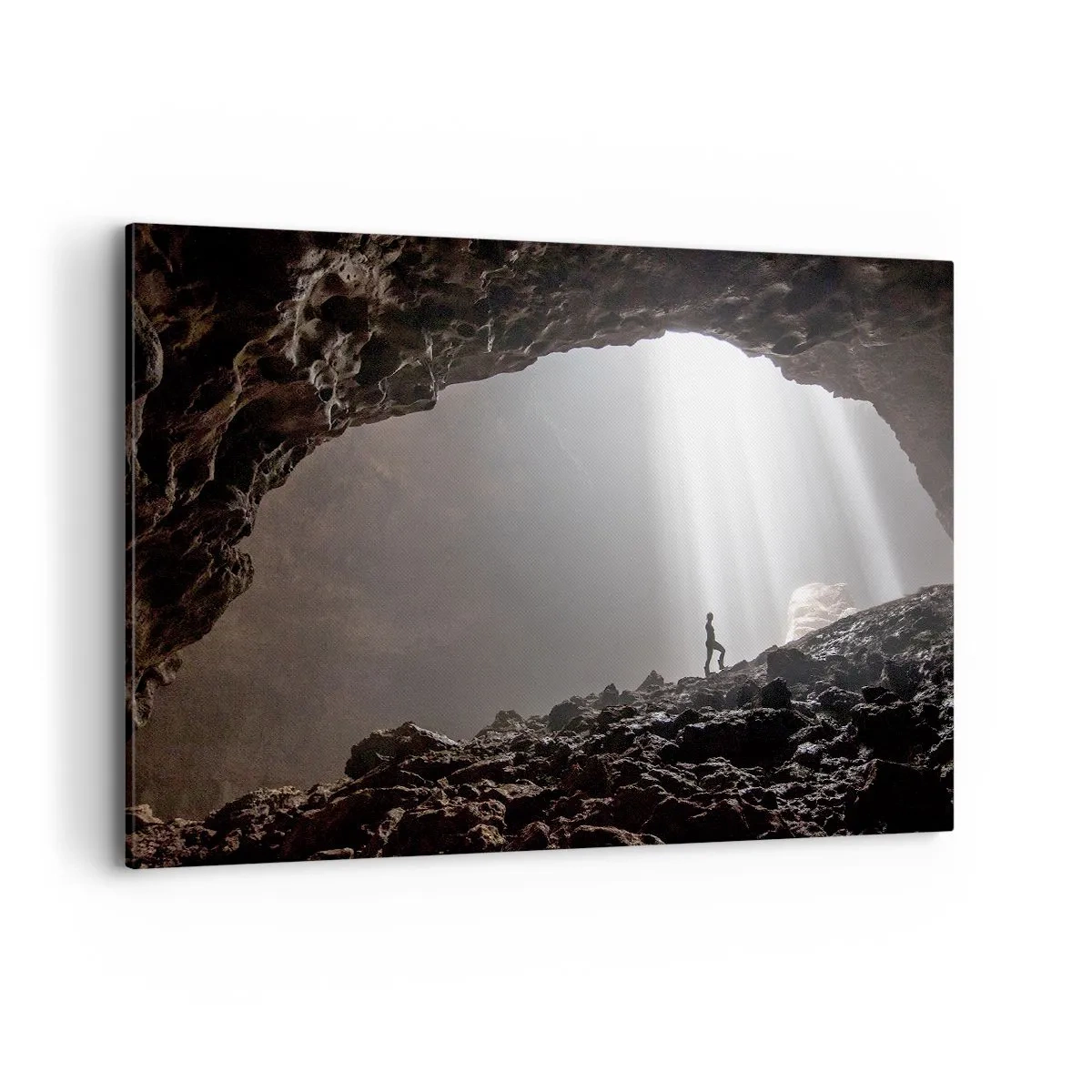 Bild auf Leinwand - Leinwandbild - Eine Figur in einer Höhle, beleuchtet von Lichtstrahlen - 100x70cm - Die leuchtende Grotte - Moderne Wanddekoration für Wohnzimmer und Schlafzimmer ARTTOR