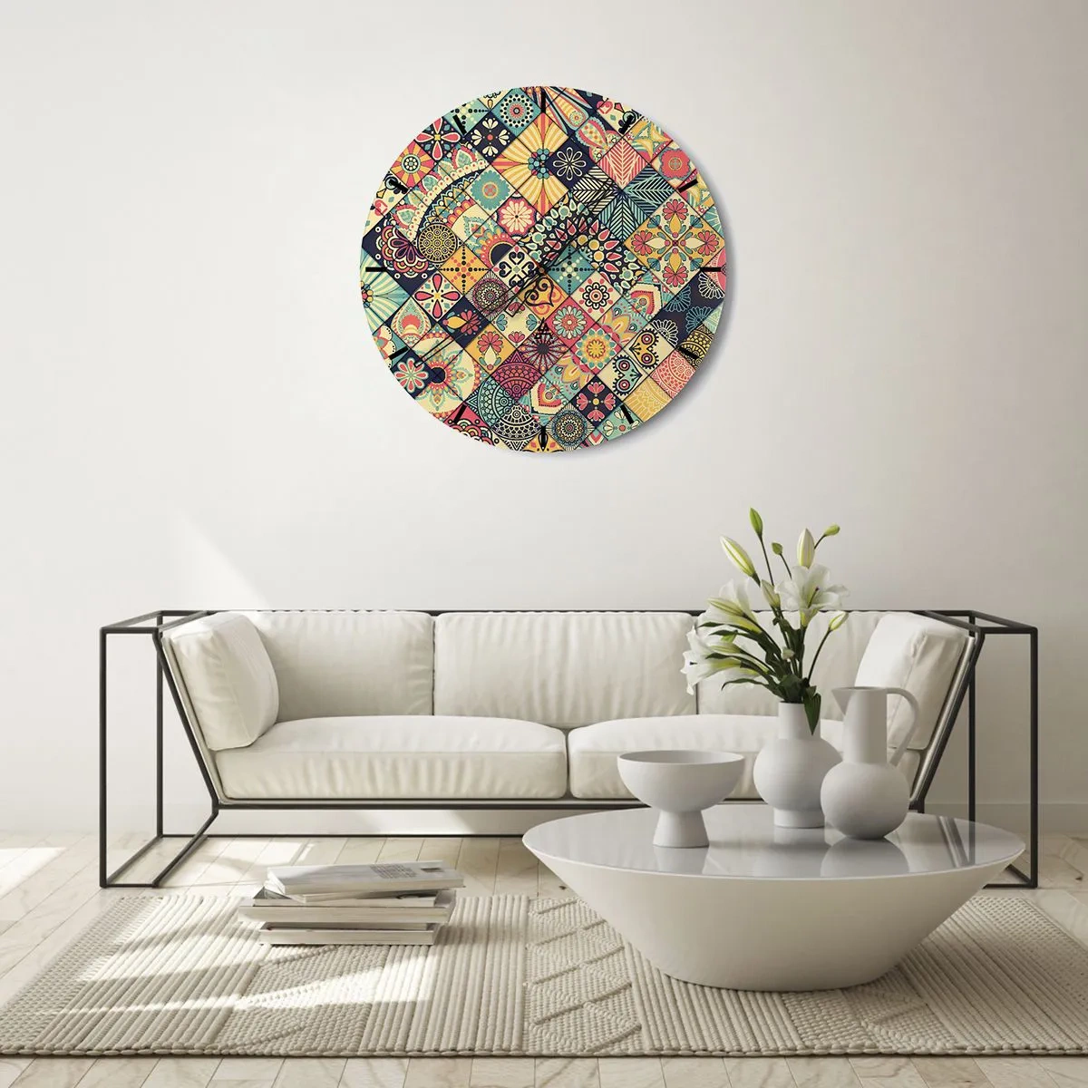 Wanduhr - Glasuhr - Buntes Patchwork-Motiv mit geometrischen Mustern - 30x30cm - marokkanische Atmosphäre - Moderne Wanddekoration für Wohnzimmer, Küche und Schlafzimmer ARTTOR