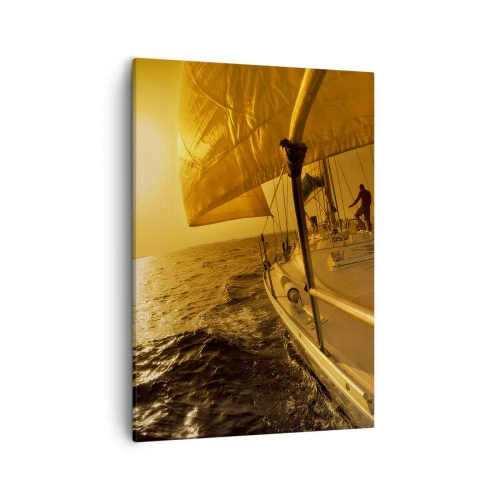 Bild auf Leinwand - Leinwandbild - Segelboot auf See bei Sonnenuntergang, goldener Schein. - 50x70cm - Ein goldener Abend nach einem bunten Tag - Moderne Wanddekoration für Wohnzimmer und Schlafzimmer ARTTOR
