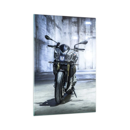 Glasbild - Bild auf glas - Ein modernes Motorrad im industriellen Interieur - 70x100cm - Bevor der Motor brummt - Moderne Wanddekoration für Wohnzimmer und Schlafzimmer ARTTOR