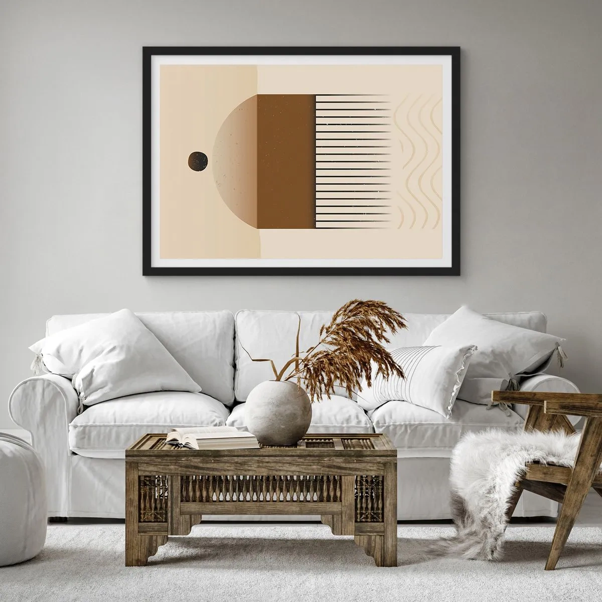 Poster in einem schwarzem Rahmen - Abstrakte geometrische Komposition in Beige- und Brauntönen - 100x70cm - Verschiedene Staaten - Moderne Wanddekoration für Wohnzimmer und Schlafzimmer ARTTOR