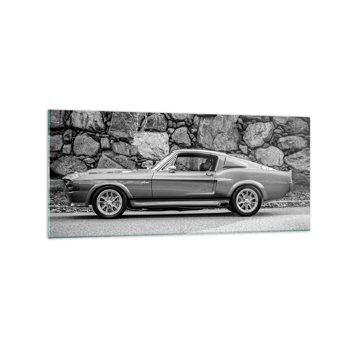 Glasbild - Bild auf glas - Schwarz-Weiß-Foto eines Oldtimers - 120x50cm - Die Legende der 1960er - Moderne Wanddekoration für Wohnzimmer und Schlafzimmer ARTTOR