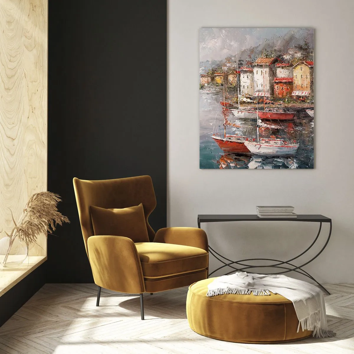 Glasbild - Bild auf glas - Küstenlandschaft mit Booten und bunten Häusern - 80x120cm - Romantische Oase - Moderne Wanddekoration für Wohnzimmer und Schlafzimmer ARTTOR