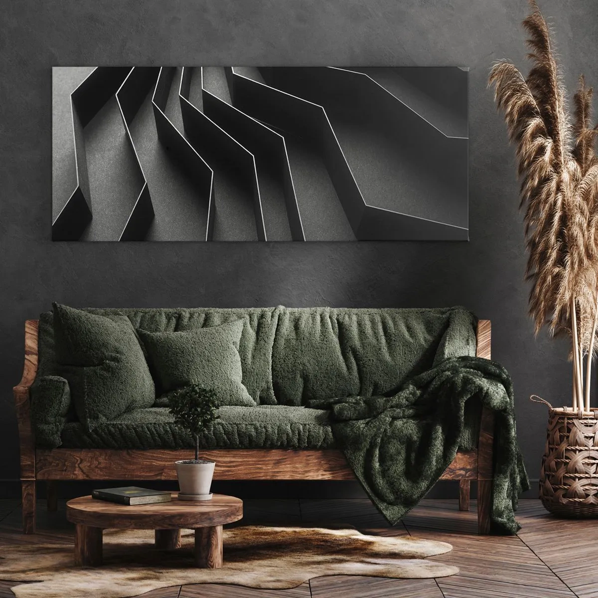 Bild auf Leinwand - Leinwandbild - Schwarz-weiße Abstraktion mit geometrischen Strukturen - 140x50cm - Räumliche Ordnung - Moderne Wanddekoration für Wohnzimmer und Schlafzimmer ARTTOR