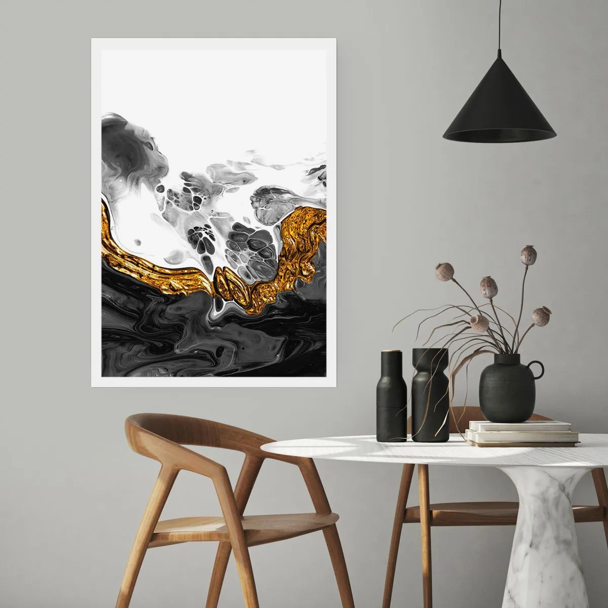 Poster - Abstrakte Komposition aus Schwarz, Weiß und Gold - 50x70cm - Organische Komposition - Moderne Wanddekoration für Wohnzimmer und Schlafzimmer ARTTOR