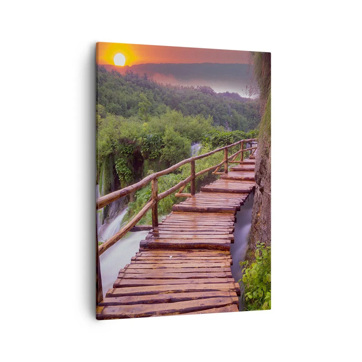 Bild auf Leinwand - Leinwandbild - Eine Brücke mit Blick auf die Wasserfälle bei Sonnenuntergang - 50x70cm - Schönheit jenseits des Glaubens - Moderne Wanddekoration für Wohnzimmer und Schlafzimmer ARTTOR