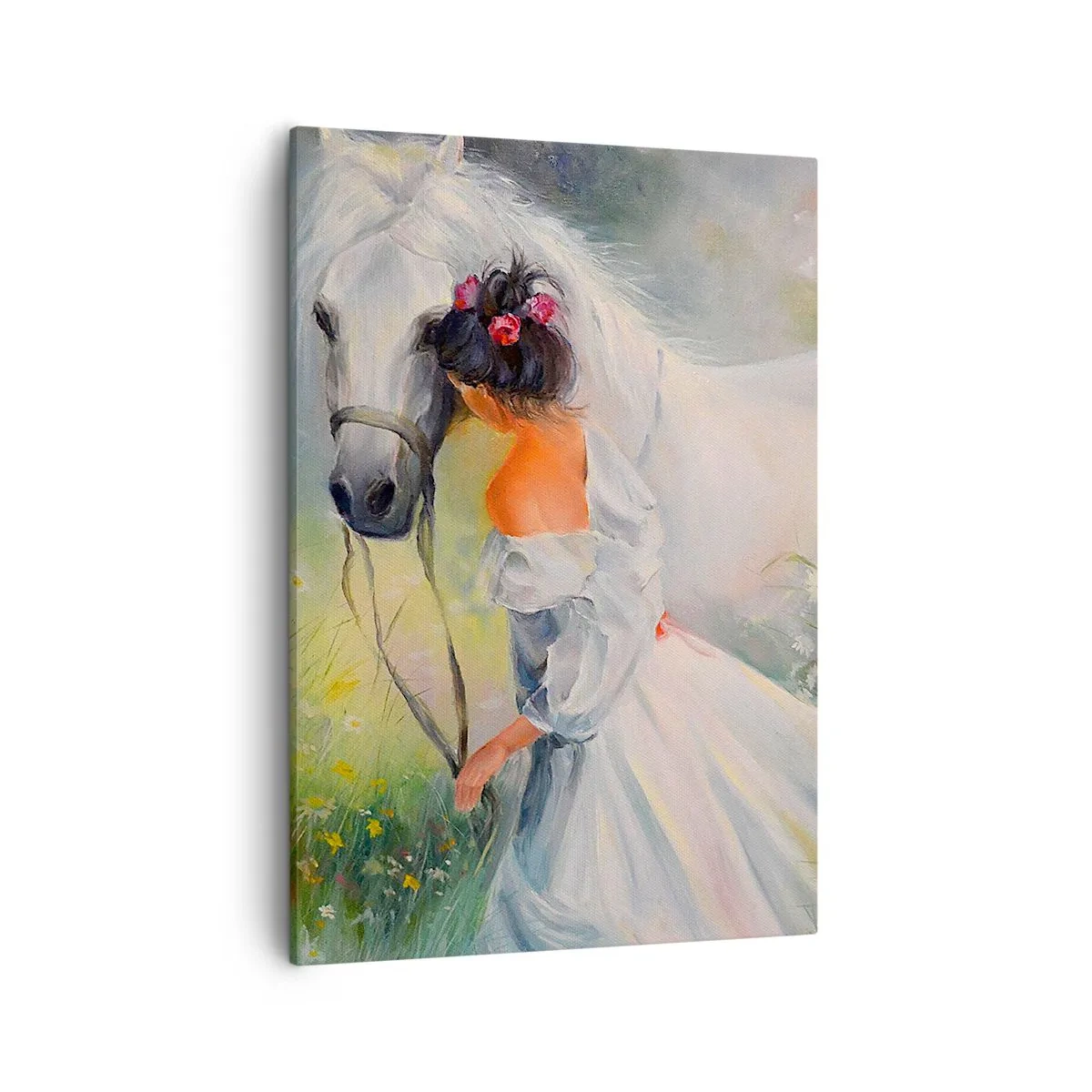 Bild auf Leinwand - Leinwandbild - Eine Frau mit einem weißen Pferd in einer malerischen Umgebung - 50x70cm - Wie aus einem schönen Traum - Moderne Wanddekoration für Wohnzimmer und Schlafzimmer ARTTOR
