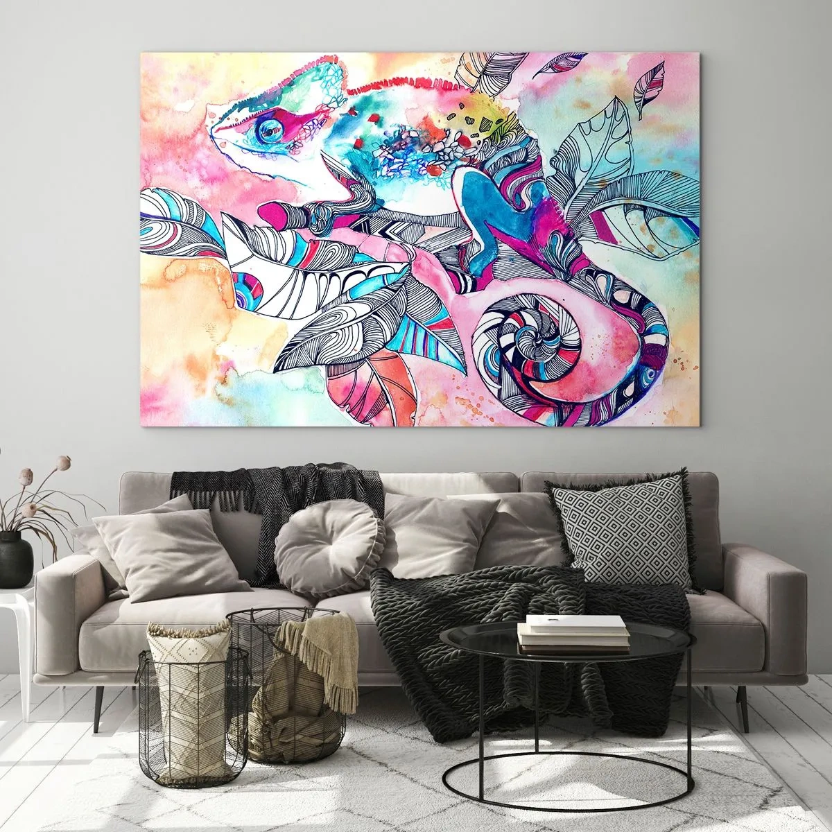 Glasbild - Bild auf glas - Buntes Chamäleon zwischen Blättern im Aquarellstil - 70x50cm - So bunt wie unsere Welt - Moderne Wanddekoration für Wohnzimmer und Schlafzimmer ARTTOR