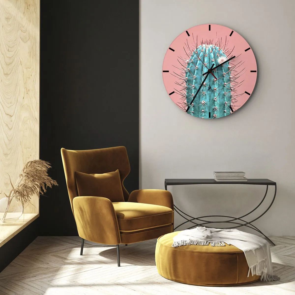 Wanduhr - Glasuhr - Nahaufnahme eines türkisfarbenen Kaktus auf rosa Hintergrund - 30x30cm - Schau einfach hin - Moderne Wanddekoration für Wohnzimmer, Küche und Schlafzimmer ARTTOR