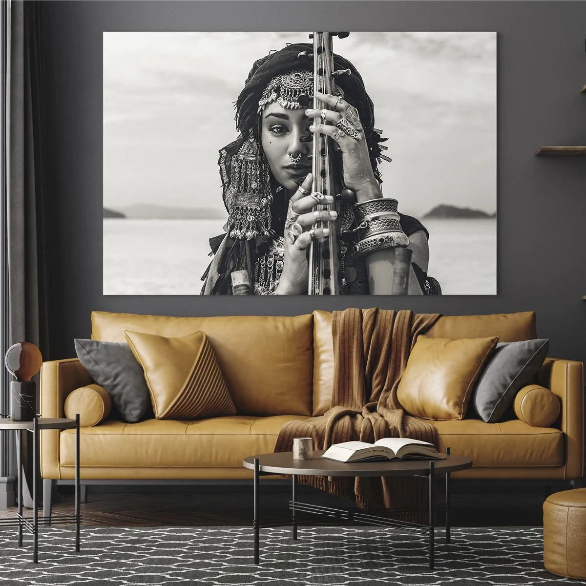 Glasbild - Bild auf glas - Frau mit orientalischem Schmuck und einem Instrument - 100x70cm - Die Musik des Orients selbst - Moderne Wanddekoration für Wohnzimmer und Schlafzimmer ARTTOR