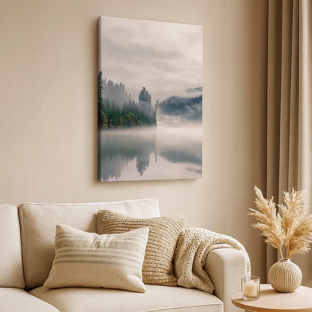 Bild auf Leinwand - Leinwandbild - Ein nebliger Wald spiegelt sich in einem ruhigen See - 50x70cm - In Reflexion, im Nebel - Moderne Wanddekoration für Wohnzimmer und Schlafzimmer ARTTOR