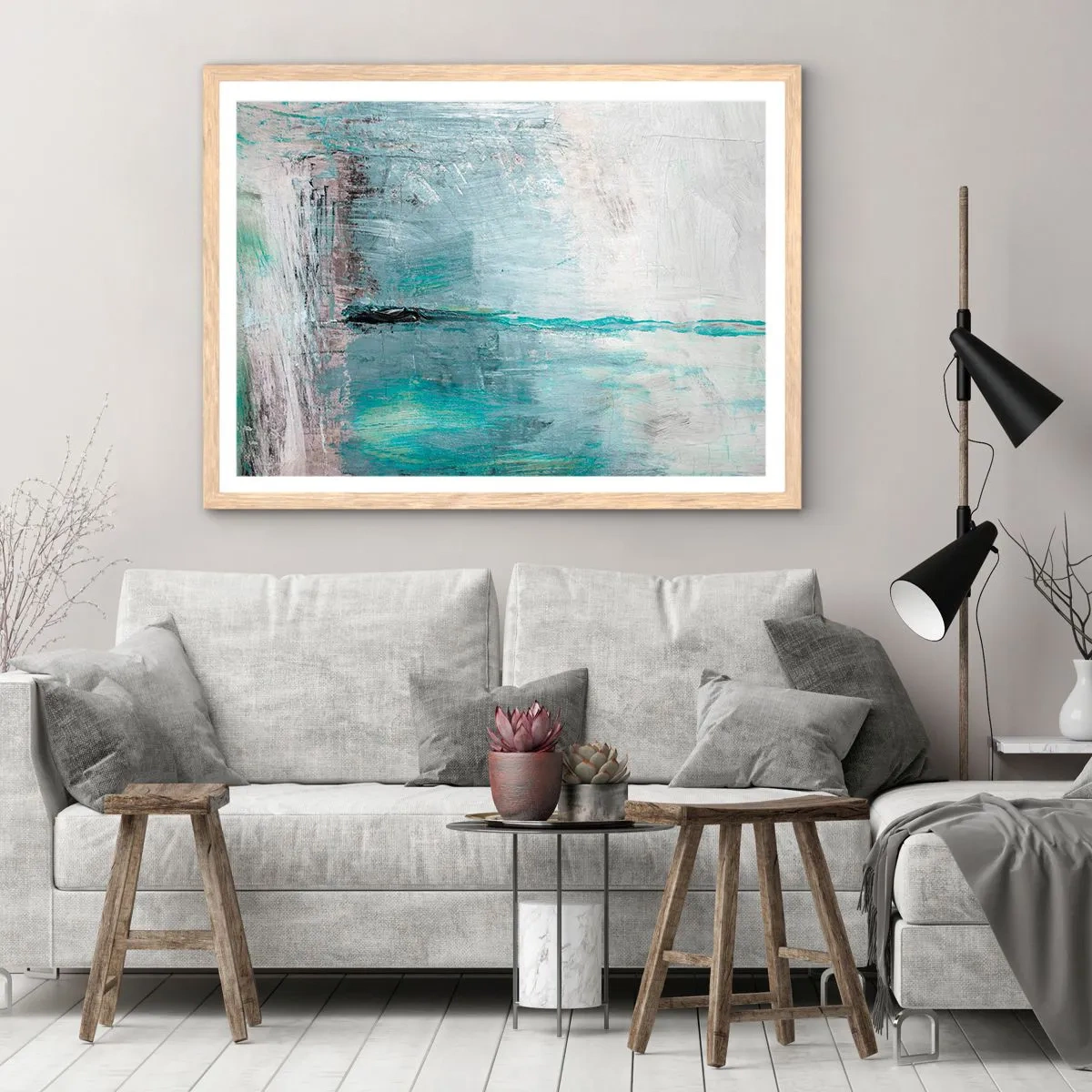 Poster in einem Rahmen aus heller Eiche - Horizontal in Blau - 70x50 cm