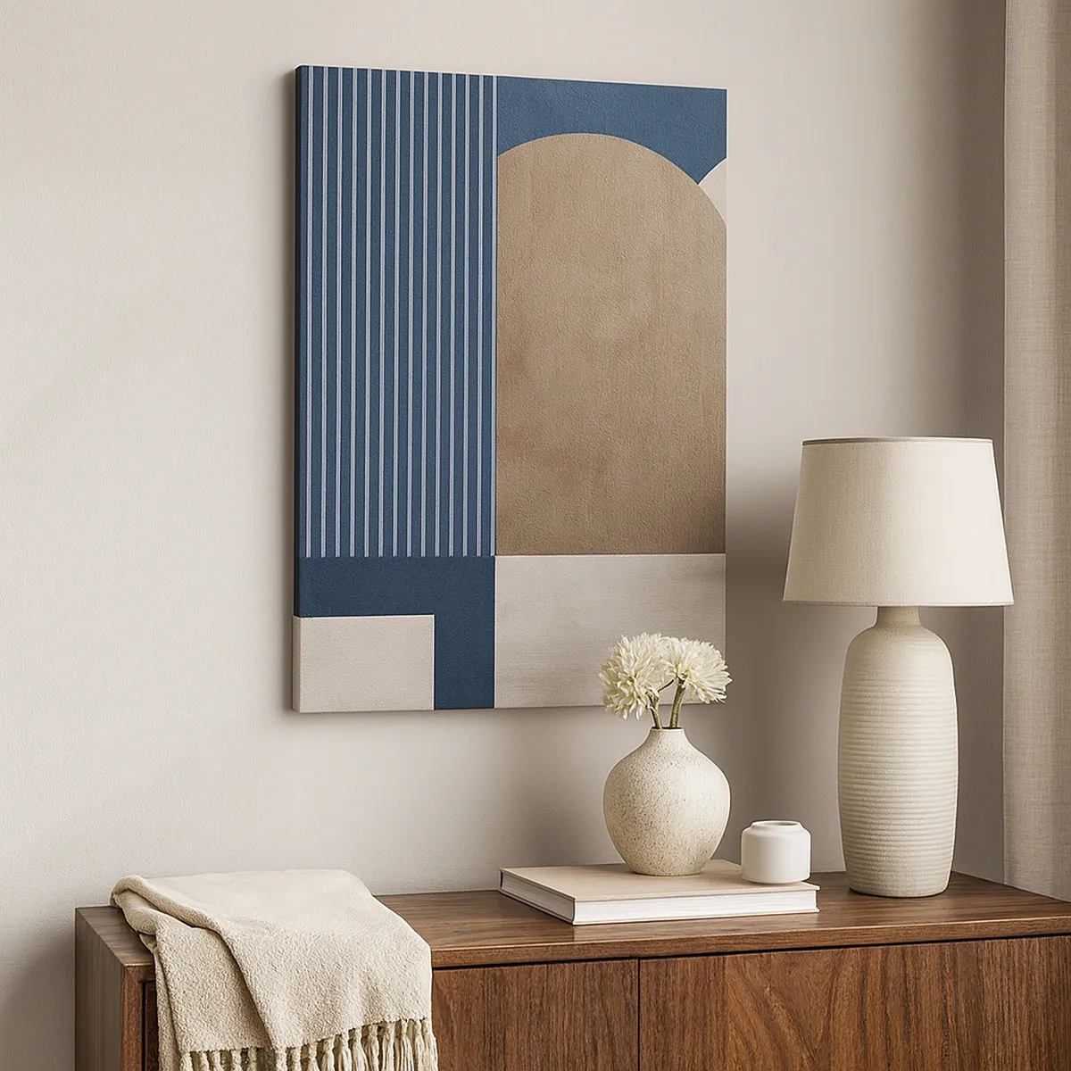 Bild auf Leinwand - Leinwandbild - Geometrische Figuren in Beige- und Marineblautönen mit Linien - 50x70cm - Komposition aus Einfachheit und Rundheit - Moderne Wanddekoration für Wohnzimmer und Schlafzimmer ARTTOR