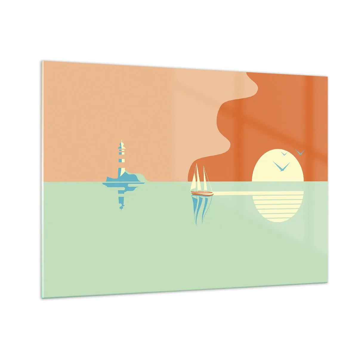 Glasbild - Bild auf glas - Ein minimalistischer Sonnenuntergang mit einem Segelboot und einem Leuchtturm - 100x70cm - Die perfekte Meereslandschaft - Moderne Wanddekoration für Wohnzimmer und Schlafzimmer ARTTOR