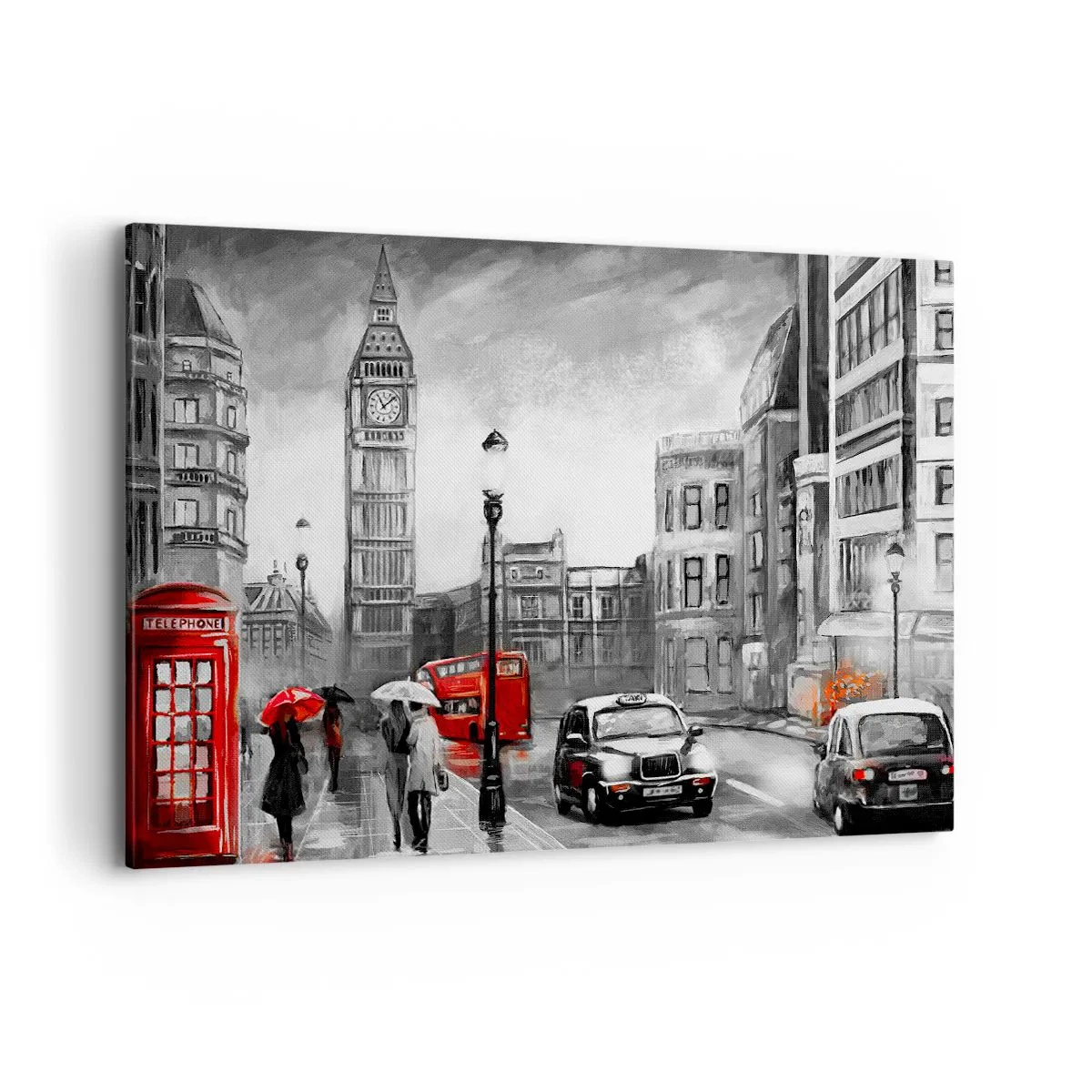 Bild auf Leinwand - Leinwandbild - Eine Londoner Szene in Schwarzweiß mit roten Akzenten - 100x70cm - Gar keine graue Stadt - Moderne Wanddekoration für Wohnzimmer und Schlafzimmer ARTTOR