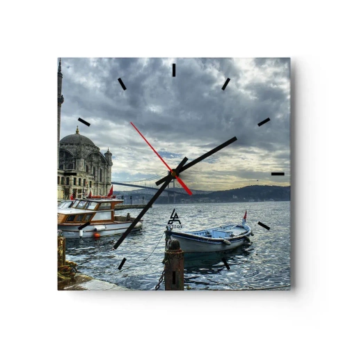 Wanduhr - Glasuhr - Ein historisches Gebäude auf dem Wasser mit Booten und einer Brücke im Hintergrund - 30x30cm - An der Grenze der Welten - Moderne Wanddekoration für Wohnzimmer und Schlafzimmer ARTTOR