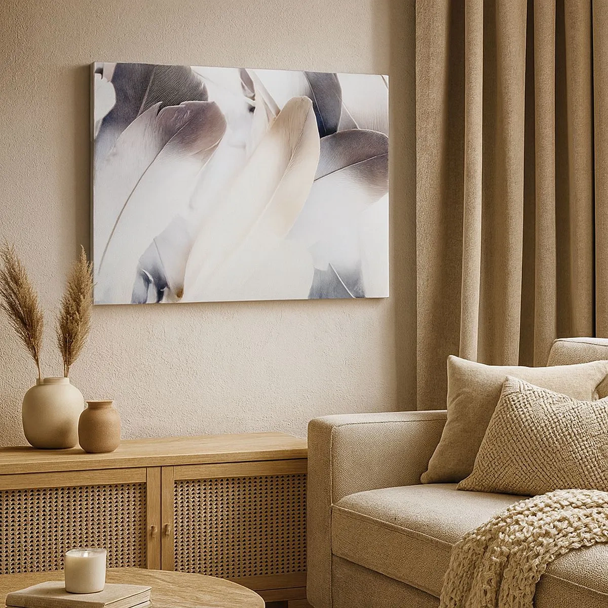 Bild auf Leinwand - Leinwandbild - Nahaufnahme zarter Federn in Weiß- und Grautönen - 70x50cm - Fast engelhaft - Moderne Wanddekoration für Wohnzimmer und Schlafzimmer ARTTOR