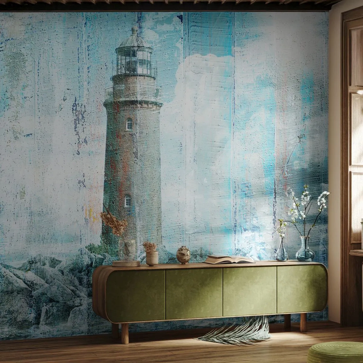 Fototapete Premium Canvas - Auf altem Holz - Abstraktion, Leuchtturm, Meer - 300x210 cm