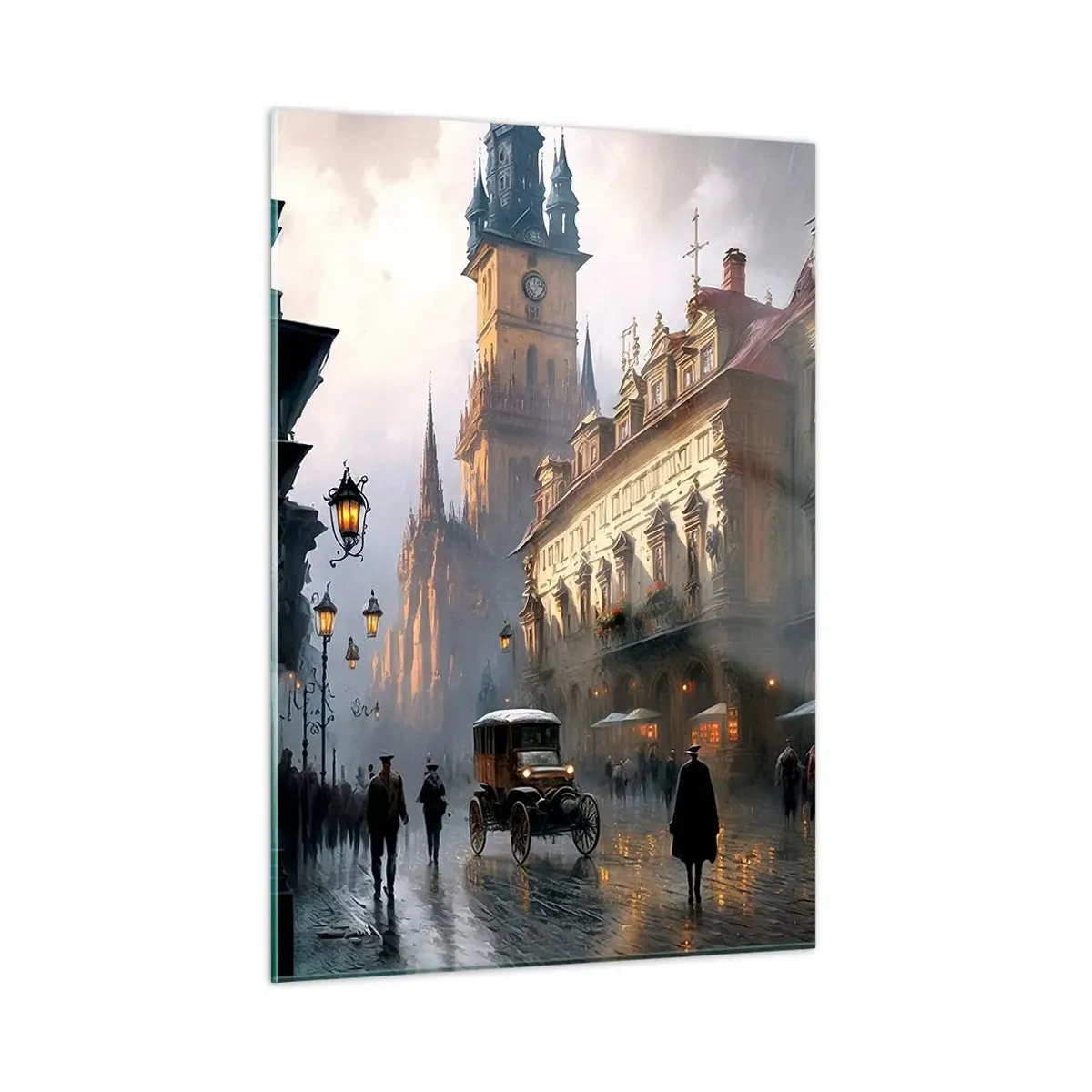 Glasbild - Bild auf glas - Eine historische Straße, die in der Abenddämmerung von Laternen beleuchtet wird - 50x70cm - Charme eines Prager Abends - Moderne Wanddekoration für Wohnzimmer und Schlafzimmer ARTTOR