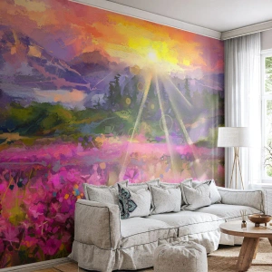 Fototapete Premium Canvas - Im Tal unter dem Schutz der Sonne - Abstraktion, Landschaft, Blumen - 400x280 cm