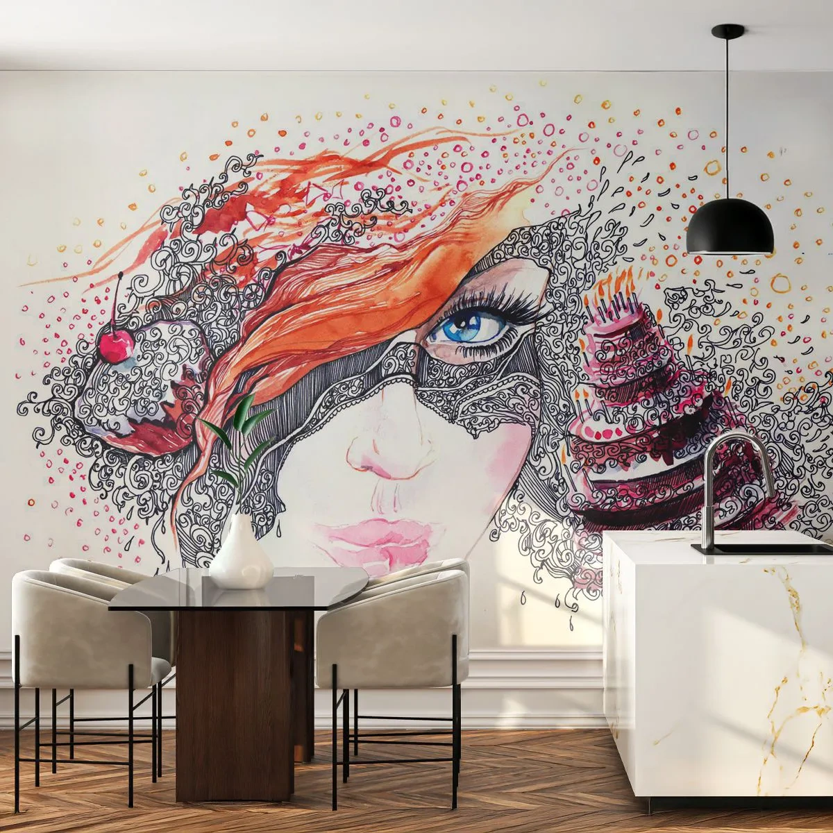 Fototapete Premium Sand - Porträt einer Frau mit Maske und Fantasy-Hintergrund - 100x70cm - Bei ihr ist jeden Tag Feiertag - Moderne Wanddekoration für Wohnzimmer und Schlafzimmer ARTTOR