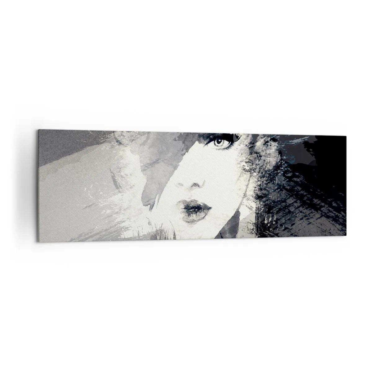 Bild auf Leinwand - Leinwandbild - Ein abstraktes Frauenporträt in Grautönen mit zarten Akzenten. - 160x50cm - Hinter einem grauen Schleier - Moderne Wanddekoration für Wohnzimmer und Schlafzimmer ARTTOR