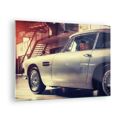 Glasbild - Bild auf glas - Ein Oldtimer im eleganten Garagen-Interieur - 70x50cm - Die Klassiker werden nicht alt - Moderne Wanddekoration für Wohnzimmer und Schlafzimmer ARTTOR
