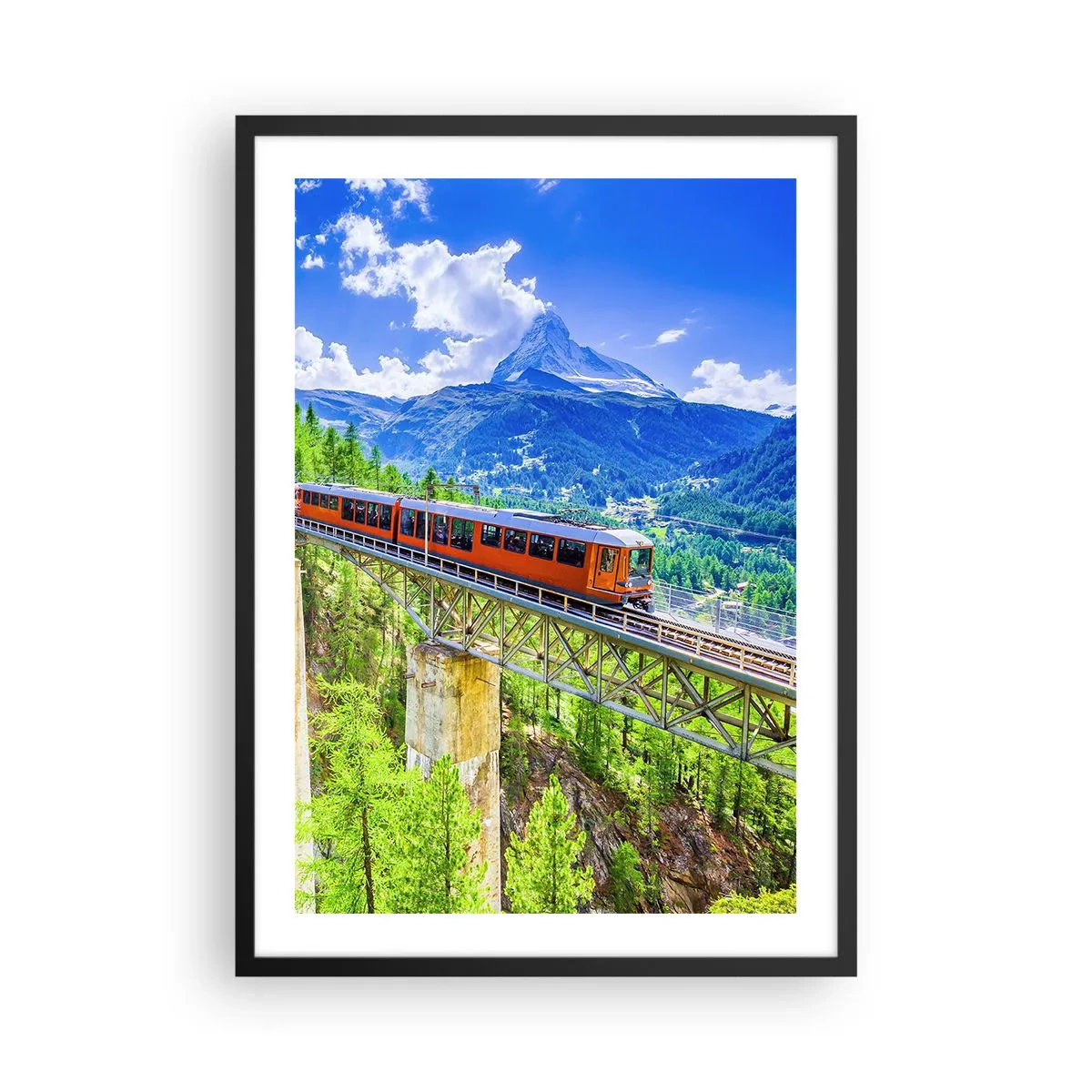 Poster in einem schwarzem Rahmen - Ein Zug auf einer Brücke in den Alpen mit Blick auf das Matterhorn - 50x70cm - Jetzt sind Alpen dran - Moderne Wanddekoration für Wohnzimmer und Schlafzimmer ARTTOR