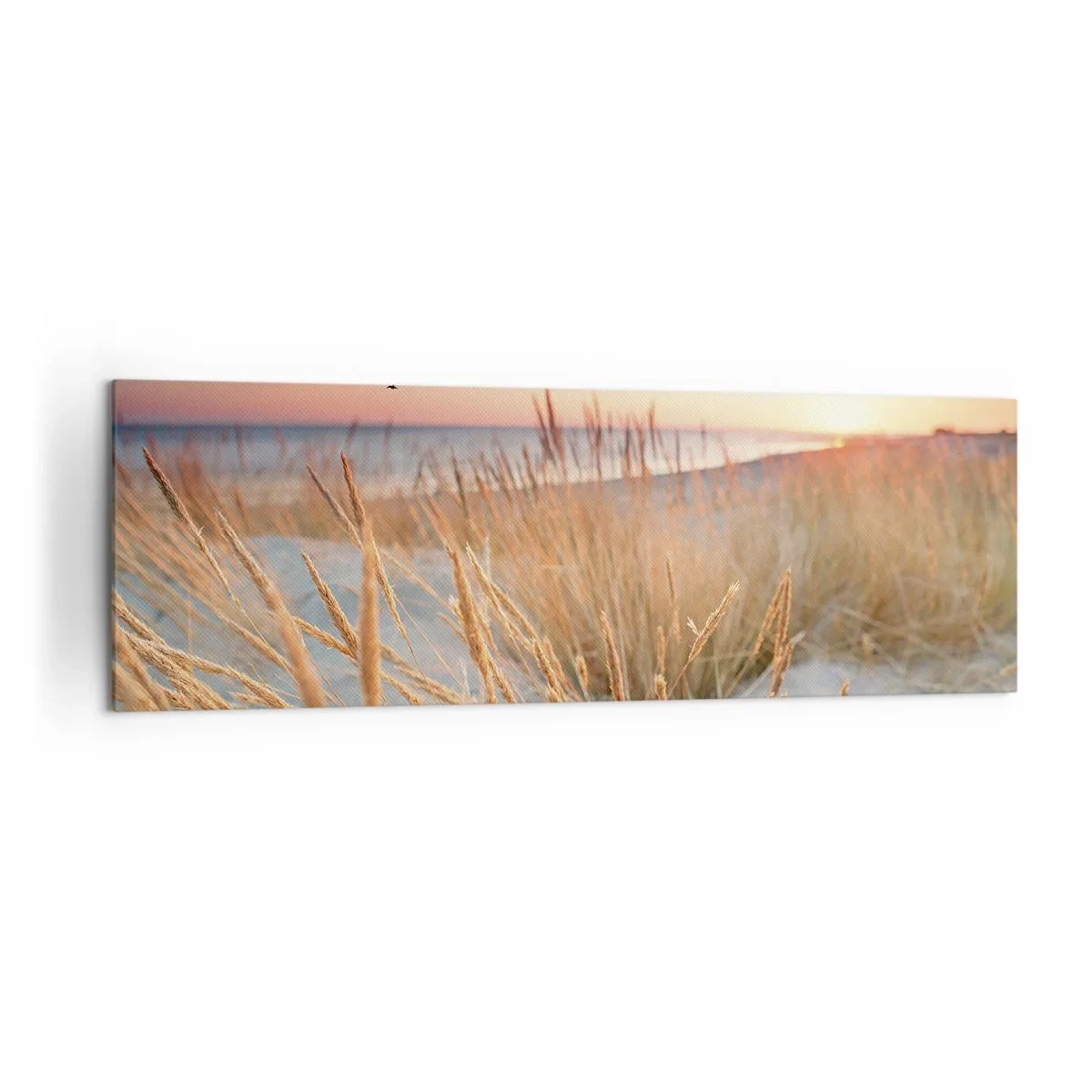 Bild auf Leinwand - Leinwandbild - Sonnenuntergangsstrand mit hohem Gras - 160x50cm - Das baltische Wiegenlied - Moderne Wanddekoration für Wohnzimmer und Schlafzimmer ARTTOR