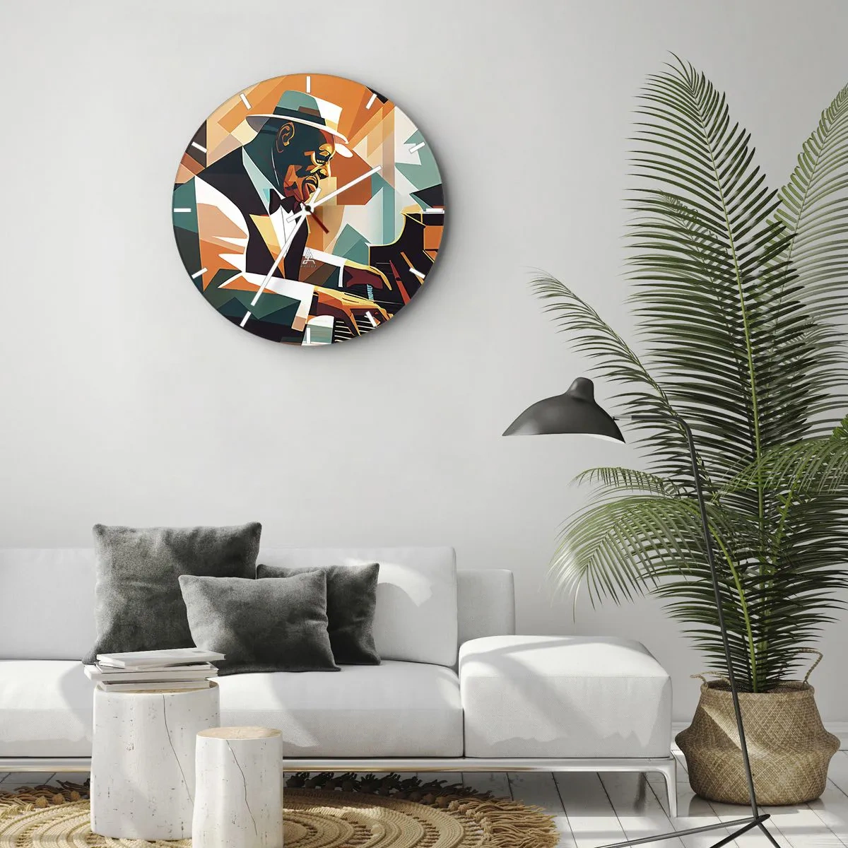 Wanduhr - Glasuhr - Jazzmusiker am Klavier im geometrischen Stil - 30x30cm - Alles vom Jazz - Moderne Wanddekoration für Wohnzimmer, Küche und Schlafzimmer ARTTOR