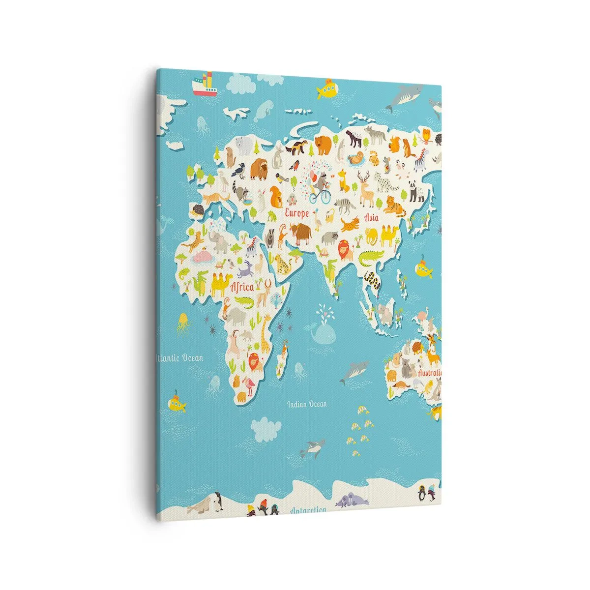 Bild auf Leinwand - Leinwandbild - Bunte Weltkarte mit Tierillustrationen - 50x70cm - Wir lieben die ganze Welt - Moderne Wanddekoration für Wohnzimmer und Schlafzimmer ARTTOR