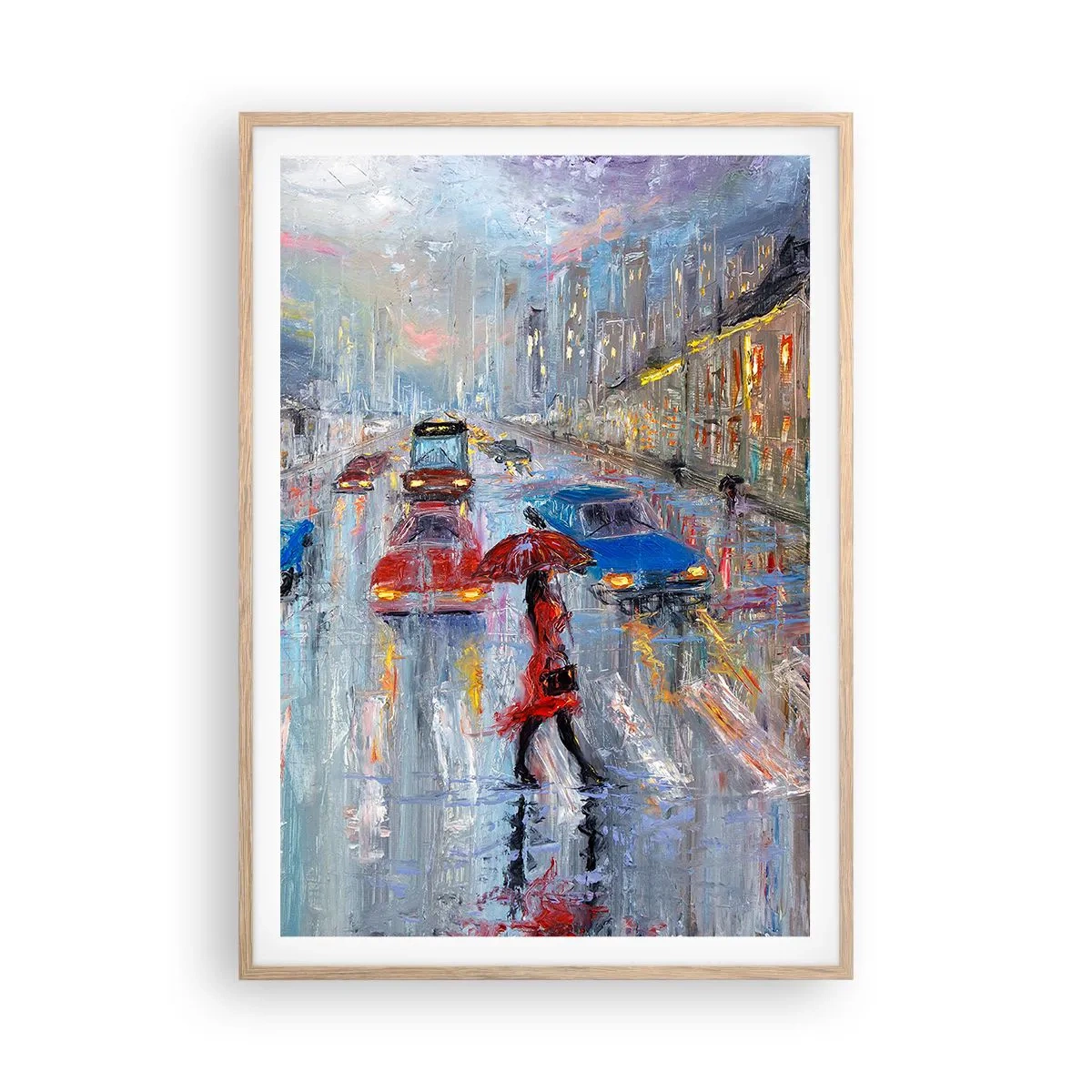 Poster in einem Rahmen aus heller Eiche - Regnerischer Nachmittag in der Stadt - 70x100 cm