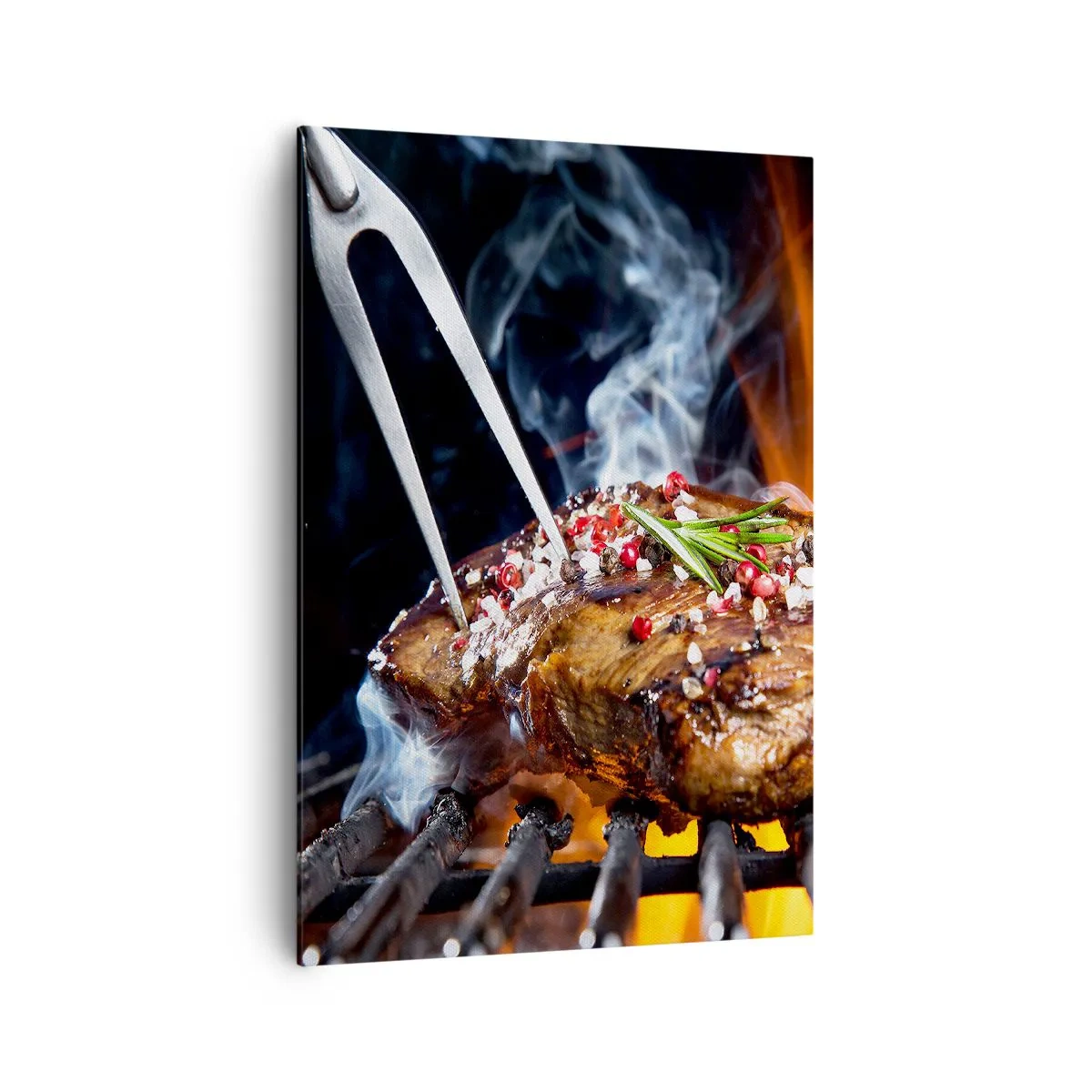 Bild auf Leinwand - Leinwandbild - Gegrilltes Steak auf einem Grill mit Gewürzen - 70x100cm - Saftig und duftend - Moderne Wanddekoration für Wohnzimmer und Schlafzimmer ARTTOR