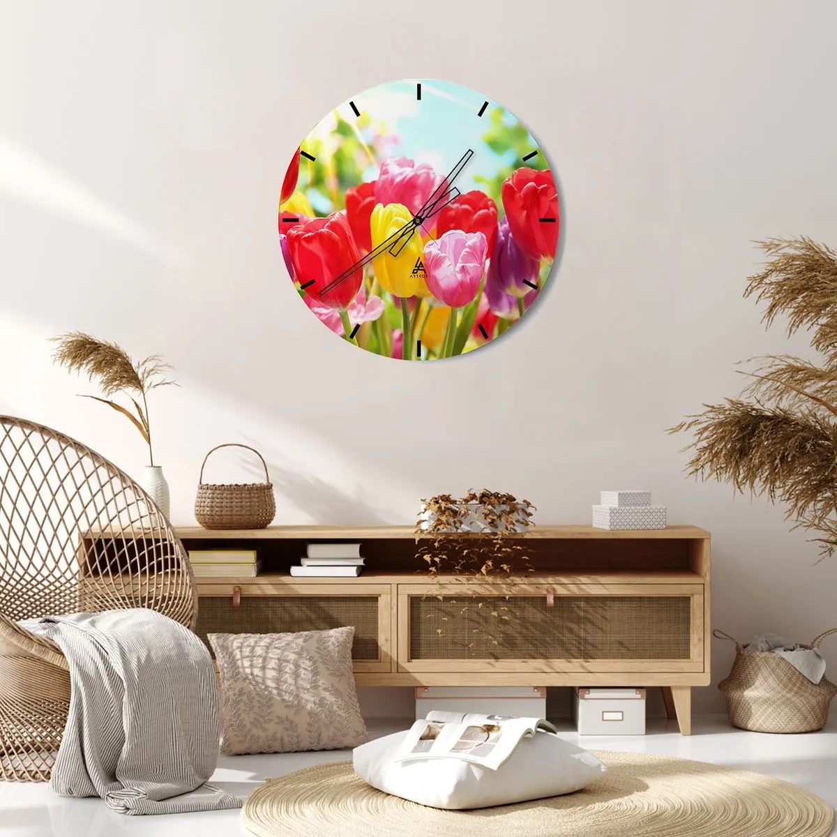 Wanduhr - Glasuhr - Bunte Tulpen vor einem hellen, sonnigen Himmel - 30x30cm - Wir sind es, die Farben des Mais! - Moderne Wanddekoration für Wohnzimmer, Küche und Schlafzimmer ARTTOR