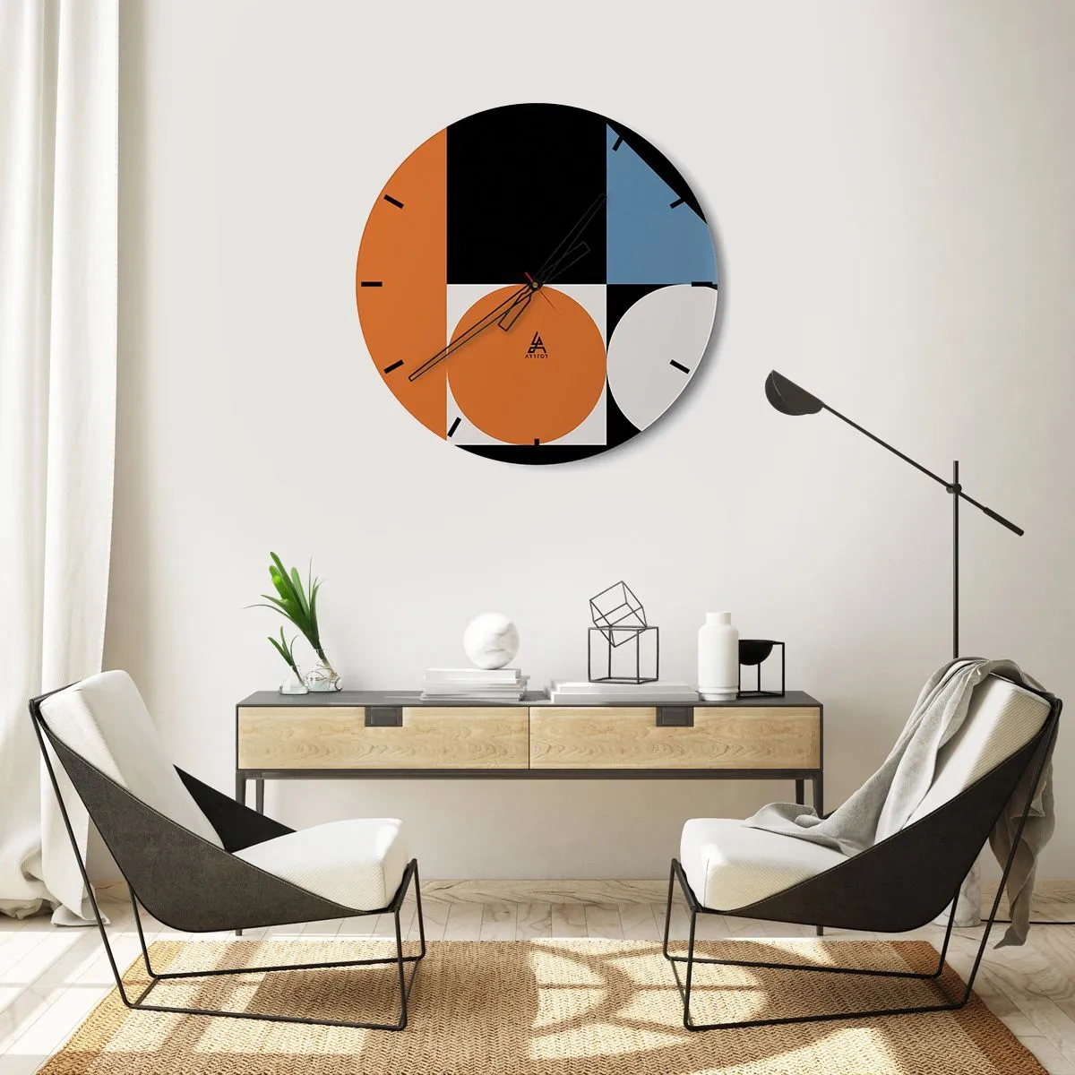 Wanduhr - Glasuhr - Bunte geometrische Komposition mit Kreisen und Rechtecken - 30x30cm - Bebilderte Anordnung - Moderne Wanddekoration für Wohnzimmer, Küche und Schlafzimmer ARTTOR