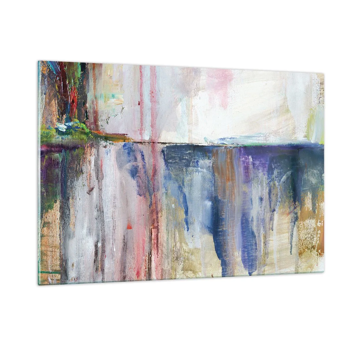 Glasbild - Bild auf glas - Eine farbenfrohe Abstraktion mit dynamischen Farbstreifen und Texturen. - 120x80cm - Bunte Eindrücke und Assoziationen - Moderne Wanddekoration für Wohnzimmer und Schlafzimmer ARTTOR